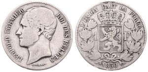 Belgium, Kingdom, Leopold I, 1 Franc Silver 1850, Bare head left, Morin 53, VERY RARE TYPE, F/VF