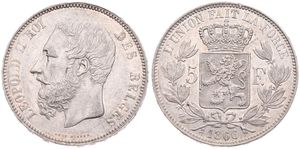Belgium, Kingdom, Leopold II, 5 Francs Silver 1866, Bearded head left, Morin 153a, RARE KEY DATE WITH DOT AFTER F, A.XF !