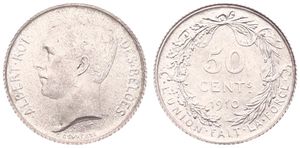 Belgium, Kingdom, Albert I, 50 Centimes Silver 1910FR, Head left, Morin 298, A.UNC