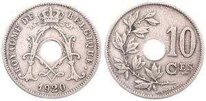 Belgium, Kingdom, Albert I, 10 Centimes Copper-Nickel 1920FR, Center hole within crowned monogram, Morin 337, SCARCE VARIETY WITH DOUBLE 2 IN DATE !, VF