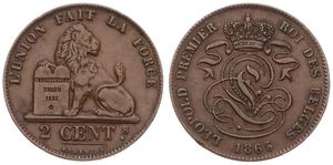 Belgium, Kingdom, Leopold I, 2 Centimes Copper 1865, Seated lion with tablet, Morin 113, XF