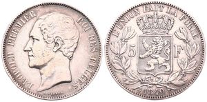 Belgium, Kingdom, Leopold I, 5 Francs Silver 1849, Bare head left, Morin 39, VF