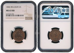 Belgium, Kingdom, Leopold I, 2 Centimes Copper 1846, Seated lion with tablet, Morin 95, NGC Graded MS 63 RB