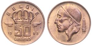 Belgium, Kingdom, Baudouin I, 50 Centimes Bronze 1963FL, Helmeted mine worker left, Morin 669, SCARCER DATE, UNC !