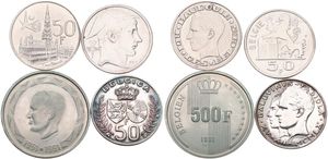 Belgium, Kingdom, Baudouin I, Good lot with 4 different 50 & 500 Francs silver coins in various grades including better items...