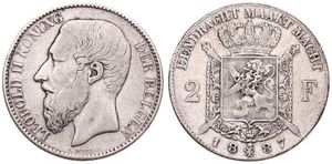 Belgium, Kingdom, Leopold II, 2 Francs Silver 1887FL, Bearded head left, Morin 171, SCARCE DATE IN FLEMISH, F/VF