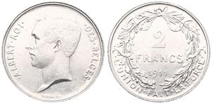 Belgium, Kingdom, Albert I, 2 Francs Silver 1911FR, Head left, Morin 284, UNC