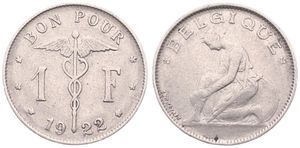 Belgium, Kingdom, Albert I, 1 Franc Nickel 1922FR, Kneeling woman left, Morin 396, SCARCE VARIETY WITH DOUBLE 9 IN DATE !, VF