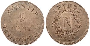Belgium, Kingdom, Antwerpen (Siege of Antwerp), Napoleon, 5 Centimes Bronze 1814, Emergency issue - N Monogram within wreath - V above ribbon bow, KM 2.2, A.XF 