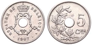 Belgium, Kingdom, Leopold II, 5 Centimes Copper-Nickel 1907FR, Center hole within crowned monogram, Morin 279, SCARCER DATE, XF/AU