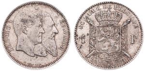 Belgium, Kingdom, Leopold II, 1 Franc Silver 1880FR, 50th Anniversary of Belgian Independence, Morin 191 WITH INCOMPLETE CROSS ON CROWN, A.VF