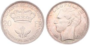 Belgium, Kingdom, Leopold III, 20 Francs Silver 1935FR/FL (Position B), Head left, Morin 449b, UNC