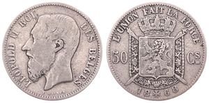 Belgium, Kingdom, Leopold II, 50 Centimes Silver 1868FR, Bearded head left, Morin 182, RARE KEY DATE !, Fine