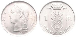Belgium, Kingdom, Baudouin I, 1 Franc Copper-Nickel 1967FR, Head of Ceres left, Morin 624, UNC !