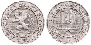 Belgium, Kingdom, Leopold II, 10 Centimes Copper-Nickel 1895FL, Rampant lion within circle left, Morin 239, XF