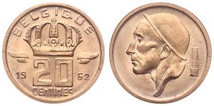 Belgium, Kingdom, Baudouin I, 20 Centimes Bronze 1962FR, Helmeted mine worker left, Morin 732, SCARCER DATE, UNC !