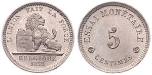Belgium, Kingdom, Leopold I, 5 Centimes (ESSAI) Nickel 1859, Seated lion with tablet, Dupriez 682, UNC