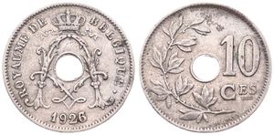 Belgium, Kingdom, Albert I, 10 Centimes Copper-Nickel 1926/23FR, Center hole within crowned monogram, Morin 345a, SCARCER OVERSTRIKE, VF