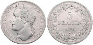 Belgium, Kingdom, Leopold I, 5 Francs Silver 1832, Laureate head left, Morin 7a (Position A), RARE DATE, A.VF