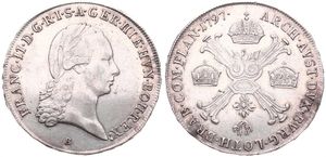 Austrian Netherlands, Franz II, 1/2 Kronenthaler Silver 1797B, Laureate head right / Floriated cross with 3 crowns & Golden Fleece, KM 61.2 Kremnitz, VF