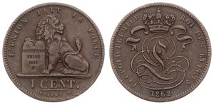Belgium, Kingdom, Leopold I, 1 Centime Copper 1862, Seated lion with tablet, Morin 130, A.XF
