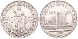 Belgium, Kingdom, Leopold III, 50 Francs Silver 1935FR (Position B), 100th Anniversary of Belgian Railways & World Exhibition in Brussels, Morin 442b, A.UNC