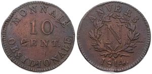 Belgium, Kingdom, Antwerpen (Siege of Antwerp), Napoleon, 10 Centimes Bronze 1814, Emergency issue - N Monogram within wreath - R below ribbon bow, KM 5.3, VF