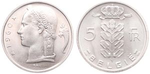 Belgium, Kingdom, Baudouin I, 5 Francs Copper-Nickel 1960FL, Head of Ceres left, Morin 553, UNC !