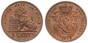 Belgium, Kingdom, Leopold II, 1 Centime Copper 1876FR, Seated lion with tablet, Morin 224, UNC