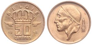 Belgium, Kingdom, Baudouin I, 50 Centimes Bronze 1956FL, Helmeted mine worker left, Morin 662, UNC !
