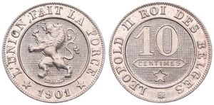 Belgium, Kingdom, Leopold II, 10 Centimes Copper-Nickel 1901FR, Rampant lion within circle left, Morin 242, RARE KEY DATE, UNC