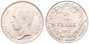 Belgium, Kingdom, Albert I, 2 Francs Silver 1912FL, Head left, Morin 287, A.UNC