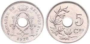 Belgium, Kingdom, Albert I, 5 Centimes Copper-Nickel 1926FR, Center hole within crowned monogram, Morin 368, UNC