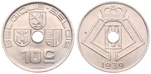 Belgium, Kingdom, Leopold III, 10 Centimes Nickel-Brass 1939FR/FL, Center hole within crowned monogram, Morin 465, UNC