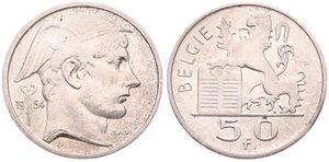 Belgium, Kingdom, Baudouin I, 50 Francs Silver 1954FL, Helmeted head of Mercurius right, Morin 541, XF/AU