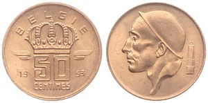 Belgium, Kingdom, Baudouin I, 50 Centimes Bronze 1953FL, Helmeted mine worker left, Morin 659, UNC !