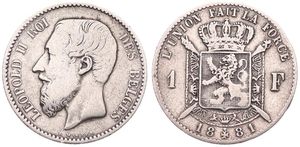 Belgium, Kingdom, Leopold II, 1 Franc Silver 1881/61FR, Bearded head left, Morin 176a, SCARCE DATE, Fine