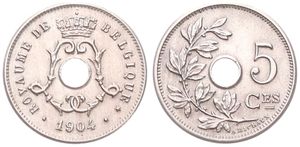 Belgium, Kingdom, Leopold II, 5 Centimes Copper-Nickel 1904FR, Center hole within crowned monogram, Morin 273, A.UNC