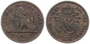 Belgium, Kingdom, Leopold I, 2 Centimes Copper 1835, Seated lion with tablet, Morin 89f, VARIETY WITH INCOMPLETE T IN CENT !, VF+