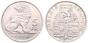 Belgium, Kingdom, Leopold III, 5 Francs Nickel 1938FL/FR (Position A), Seated lion right looking left, Morin 455c, RARE DATE, (Edge lettering with star), VF