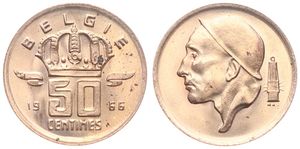 Belgium, Kingdom, Baudouin I, 50 Centimes Bronze 1966FL, Helmeted mine worker left, Morin 675, UNC !