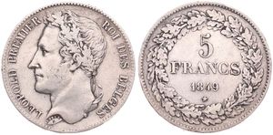 Belgium, Kingdom, Leopold I, 5 Francs Silver 1849, Laureate head left, Morin 15, VF