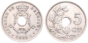 Belgium, Kingdom, Leopold II, 5 Centimes Copper-Nickel 1901FR, Center hole within crowned monogram, Morin 268, RARE KEY DATE, XF