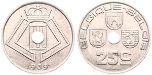Belgium, Kingdom, Leopold III, 25 Centimes Nickel-Brass 1939FR/FL, Center hole within crowned monogram, Morin 463, SCARCE VARIETY WITH OBLIGUE 9 IN DATE !, XF