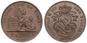Belgium, Kingdom, Leopold II, 2 Centimes Copper 1873FR, Seated lion with tablet, Morin 209, UNC