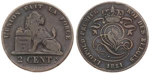 Belgium, Kingdom, Leopold I, 2 Centimes Copper 1851, Seated lion with tablet, Morin 100, Fine
