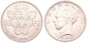 Belgium, Kingdom, Leopold III, 50 Francs Silver 1939FL/FR (Position B), Crown above nine shields, Morin 445b, XF/AU