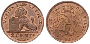 Belgium, Kingdom, Albert I, 2 Centimes Copper 1919/14FR, Seated lion with tablet, Morin 315a, UNC
