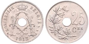 Belgium, Kingdom, Albert I, 25 Centimes Copper-Nickel 1913FL, Center hole within crowned monogram, Morin 322, A.UNC 