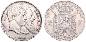 Belgium, Kingdom, Leopold II, 2 Francs Silver 1880FR, 50th Anniversary of Belgian Independence, Morin 190 WITH SMALL DOT IN L. WIENER, VF